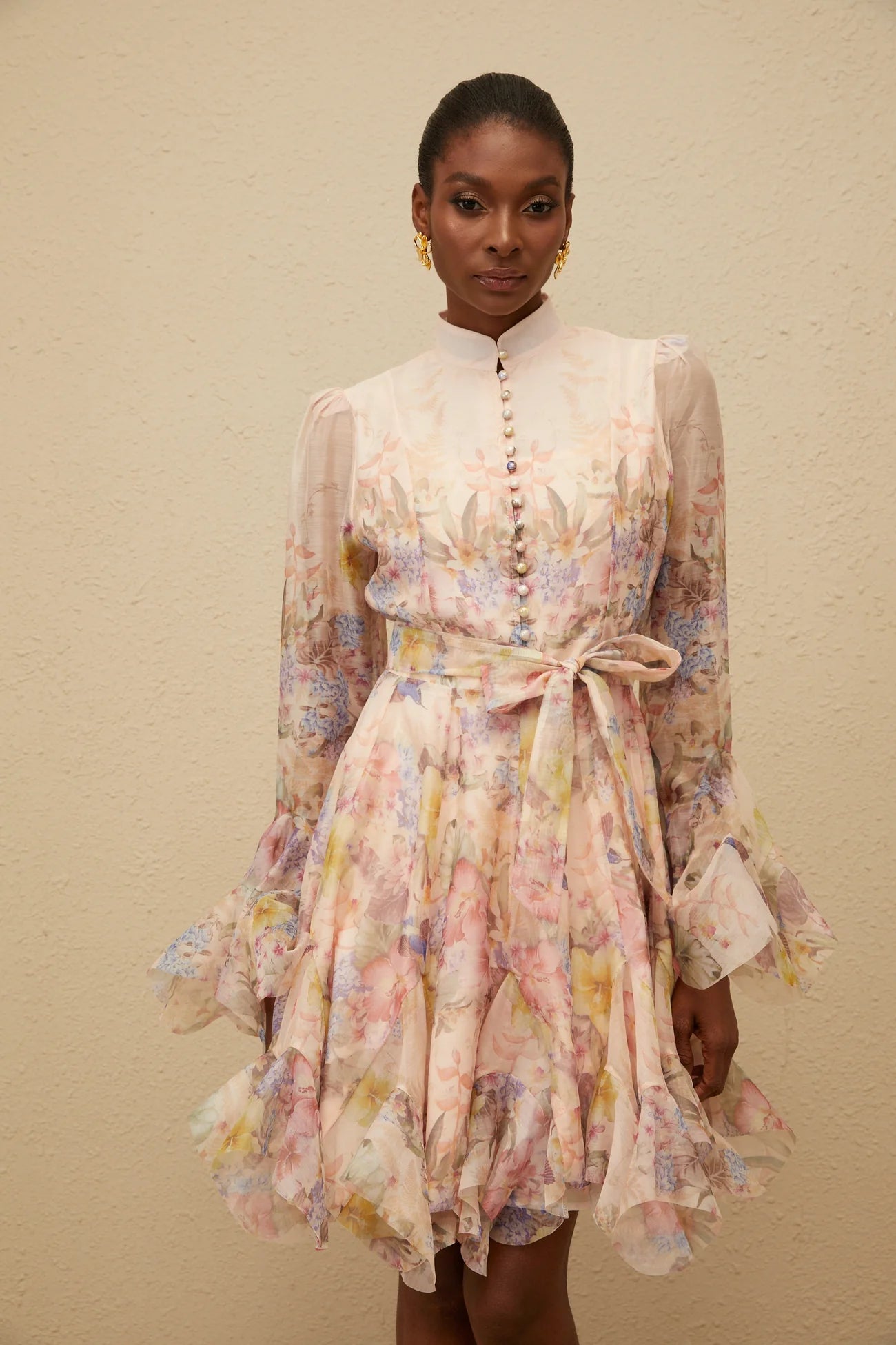 ZIMMERMAN Aya Pink Godet Floral Mini Dress