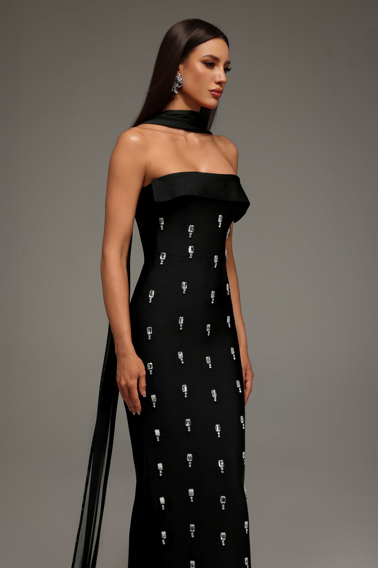 Strapless Crystal Detail Scarf Maxi Dress Black
