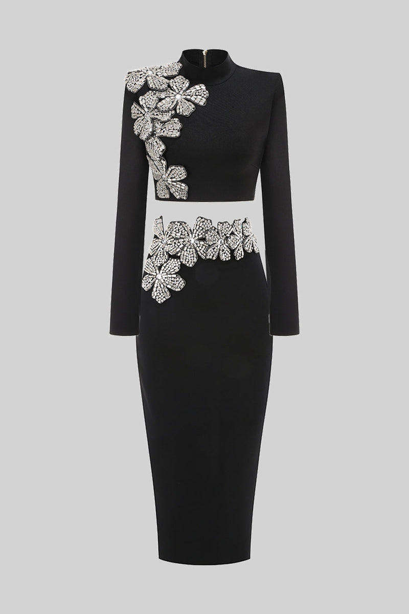 Black Diamond Flower Accent 2 Piece Set With Long Sleeves Top And Maxi Skirt