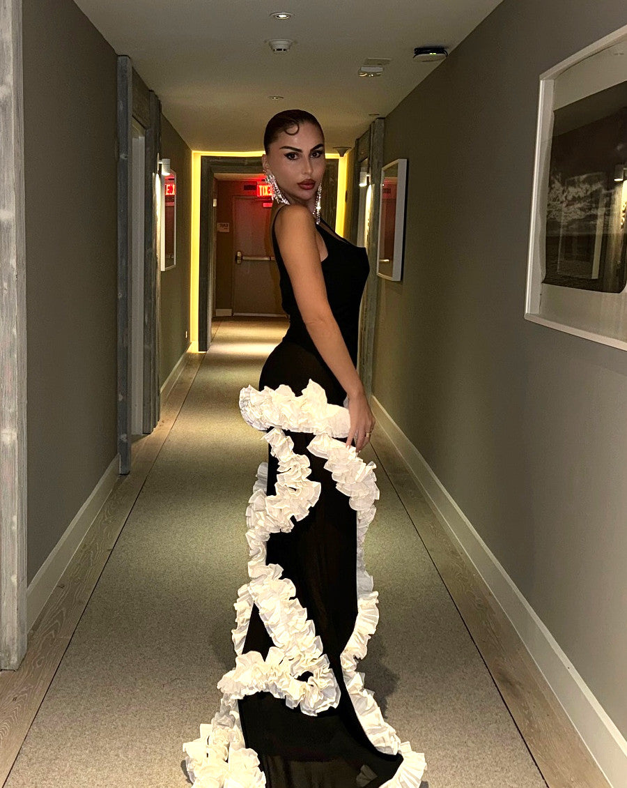 Ruffle Mesh Maxi Dress Black White