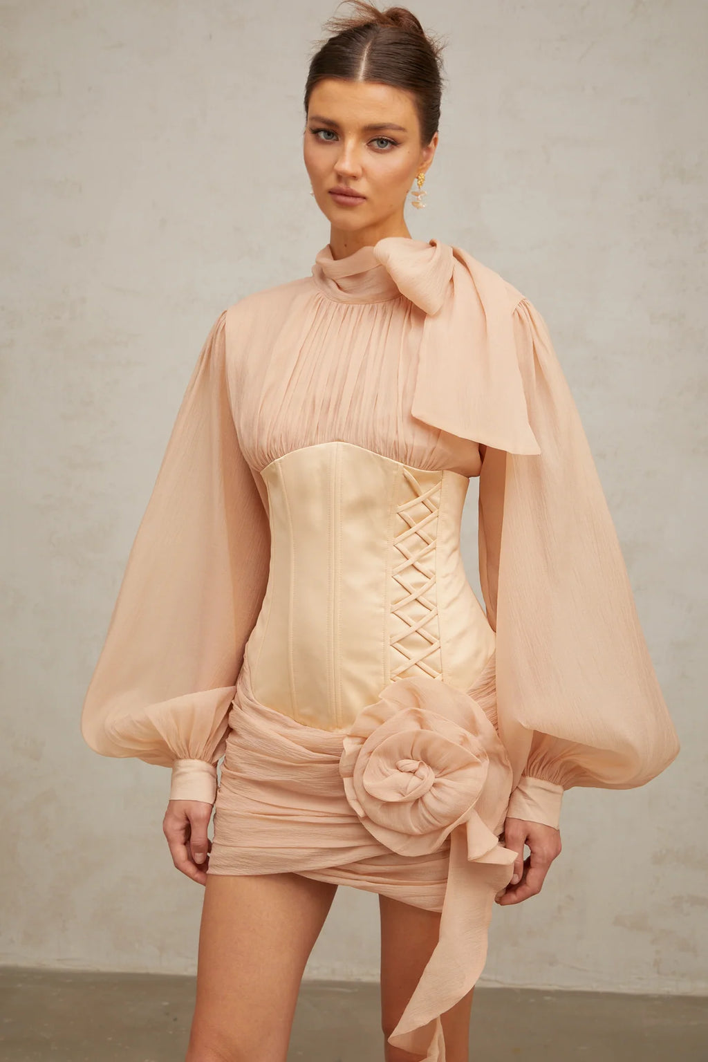 Téa cinched-waist floral-appliqué panelled mini dress