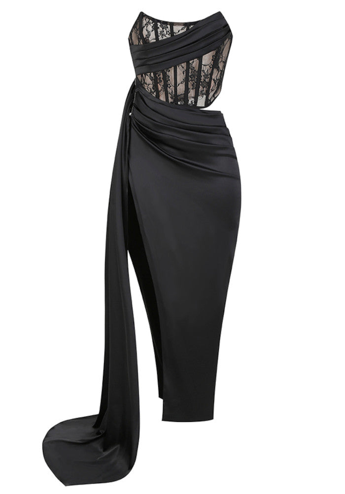 Strapless Lace Corset Draped Maxi Dress Black
