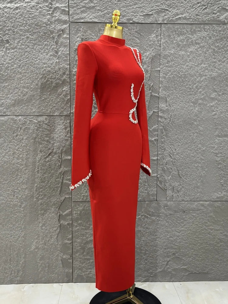 Black Red Women Long Sleeve Shinning Crystal Bodycon