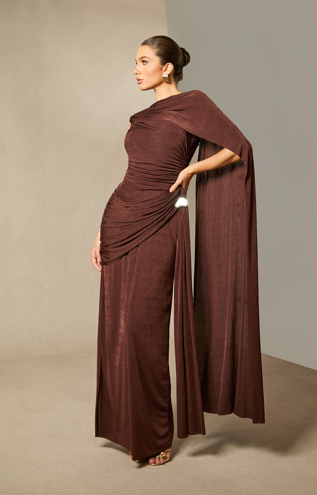 Aubrie One Shoulder Draped Cape Long Dress