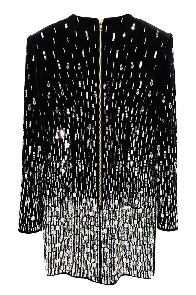 Long Sleeve Crystal Sequin Velvet Dress