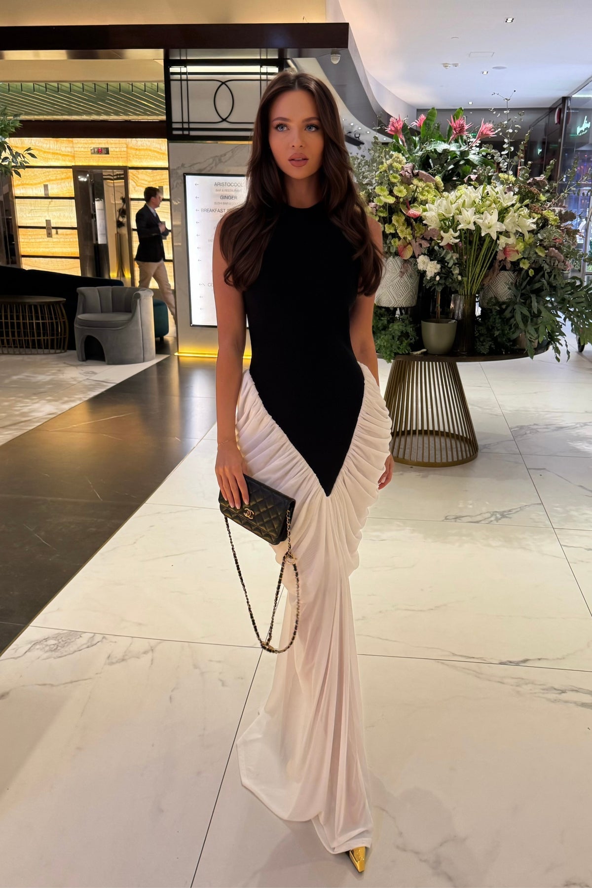 HALTER MAXI DRESS WITH CONTRASTING RUCHED PANELING - BLACK/WHITE