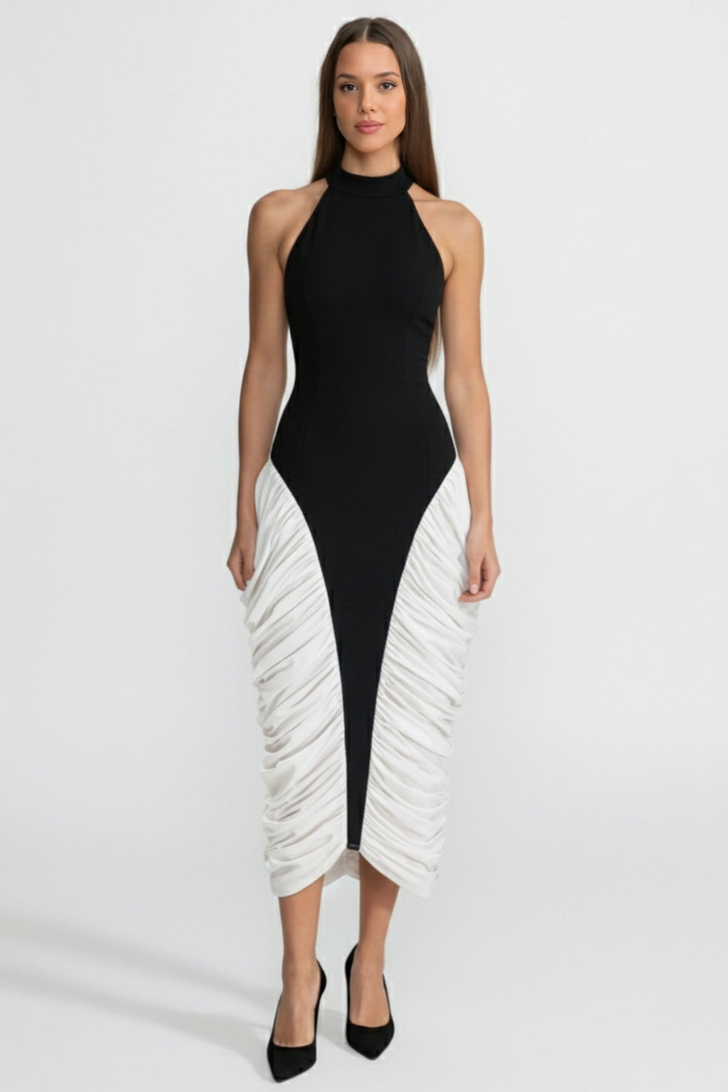 TWO-TONE RUCHED HALTER MIDI DRESS – BLACK & WHITE