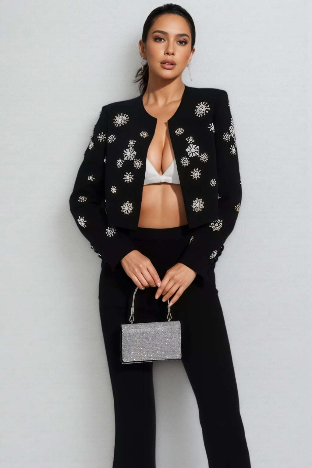 EMBELLISHED BEADED JACKET SET IN WHITE