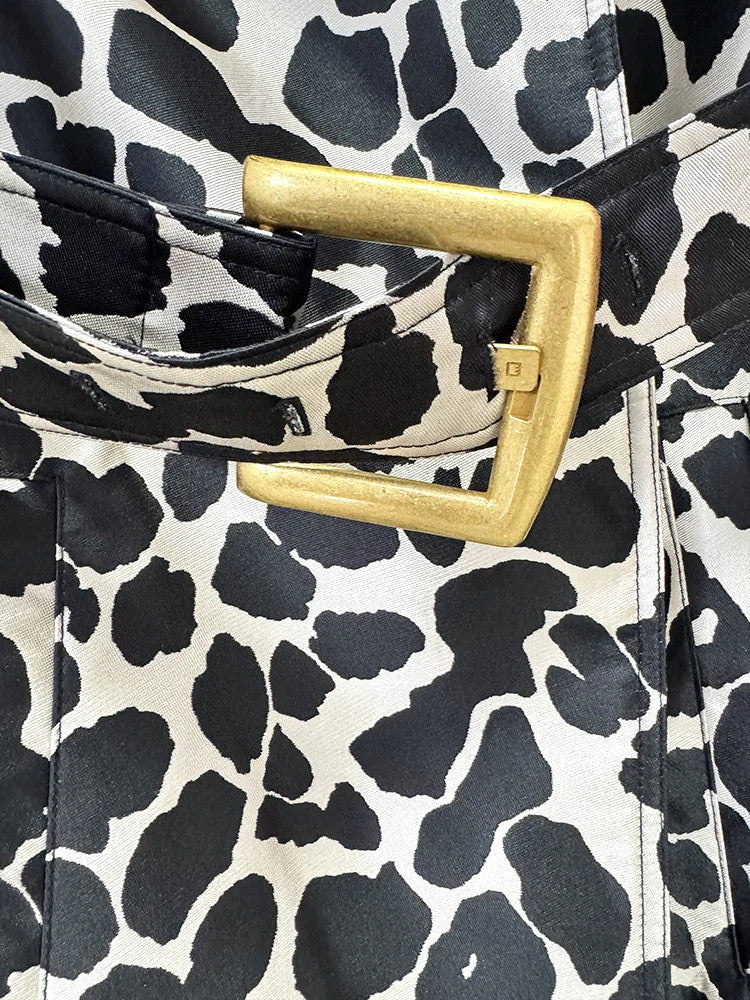 Animal Print Trench Coat Black White