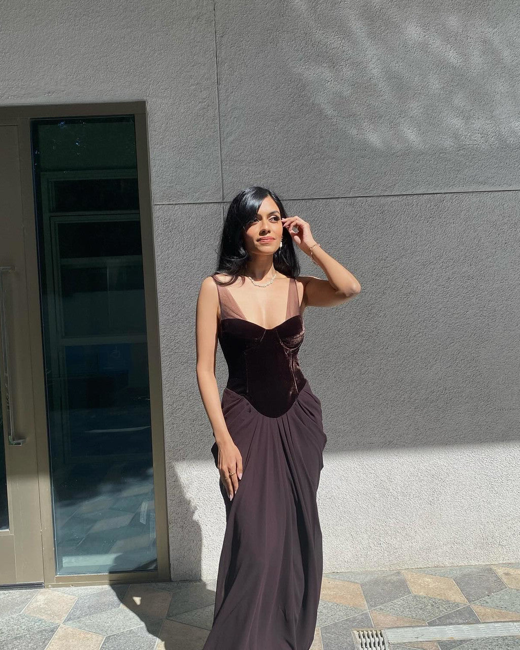 Velvet Bustier Draped Maxi Dress Brown