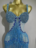 Sparkly Rhinestones Tassel sexy Mesh Slip Long Dress