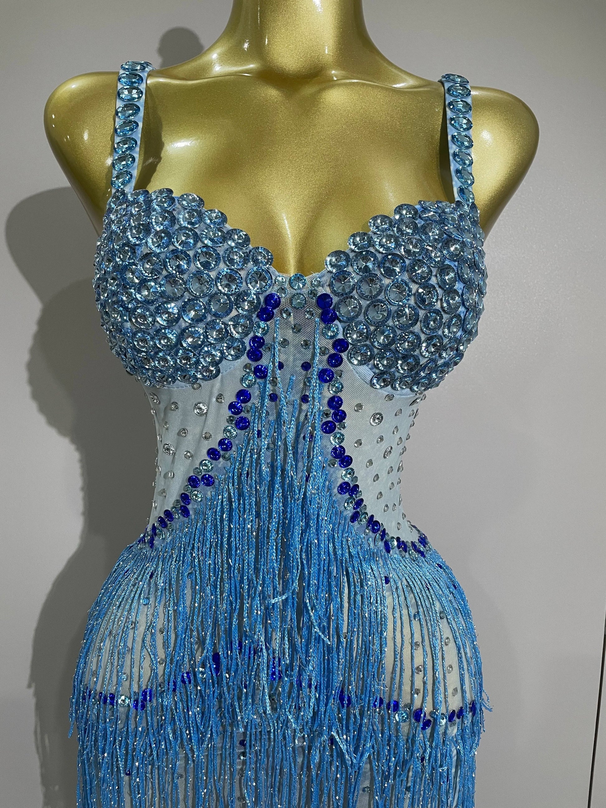 Sparkly Rhinestones Tassel sexy Mesh Slip Long Dress