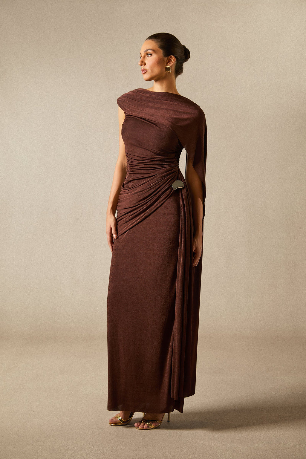 Aubrie One Shoulder Draped Cape Long Dress