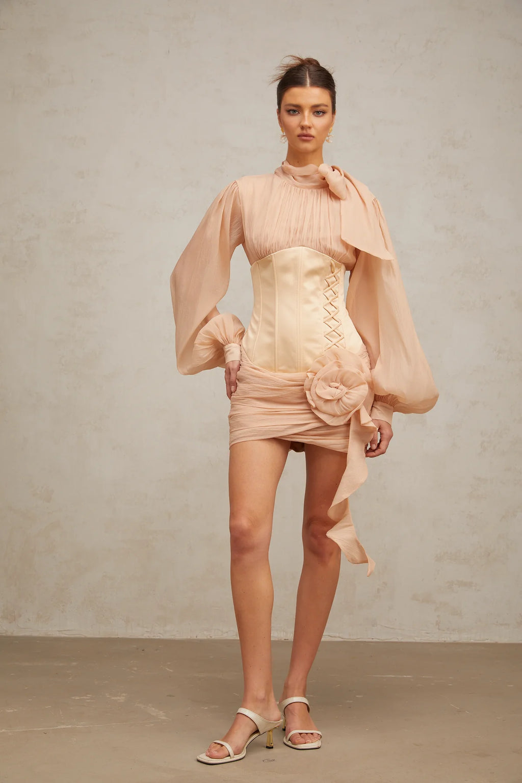 Téa cinched-waist floral-appliqué panelled mini dress