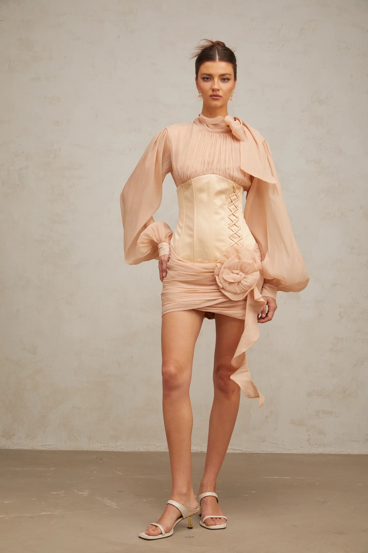 Téa cinched-waist floral-appliqué panelled mini dress