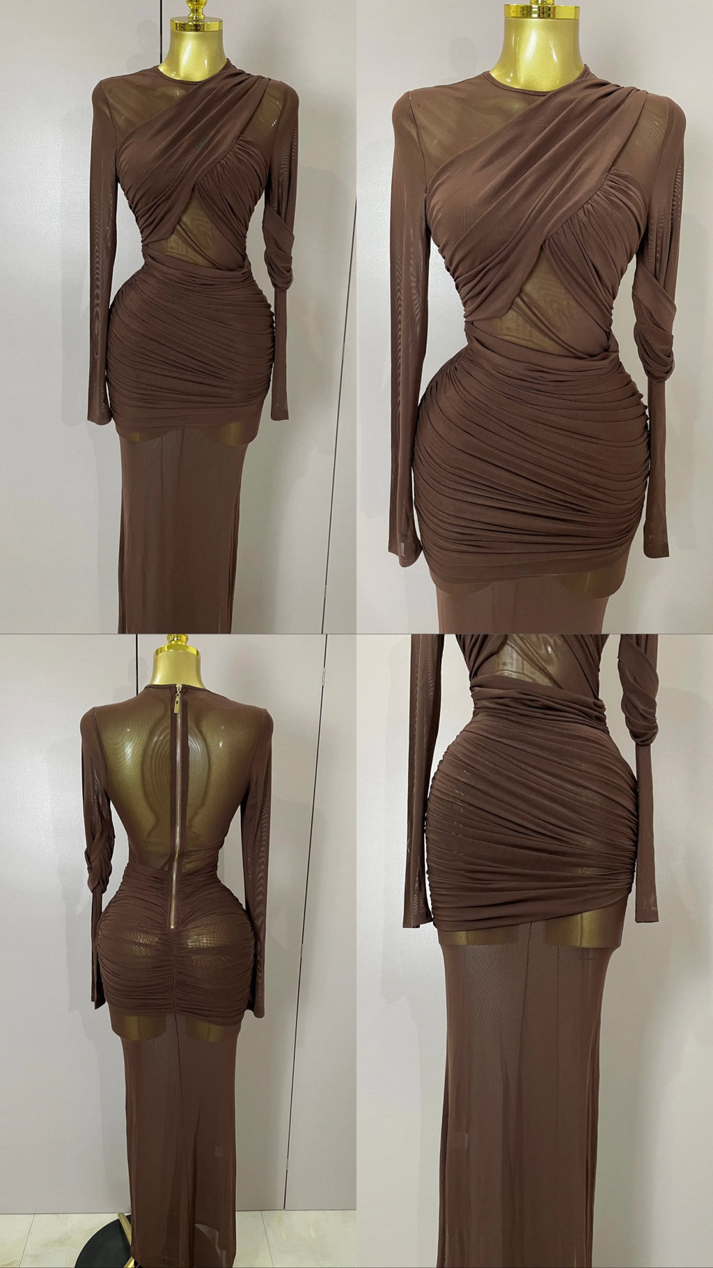 Long Sleeve Mesh Insert Draped Maxi Dress Brown
