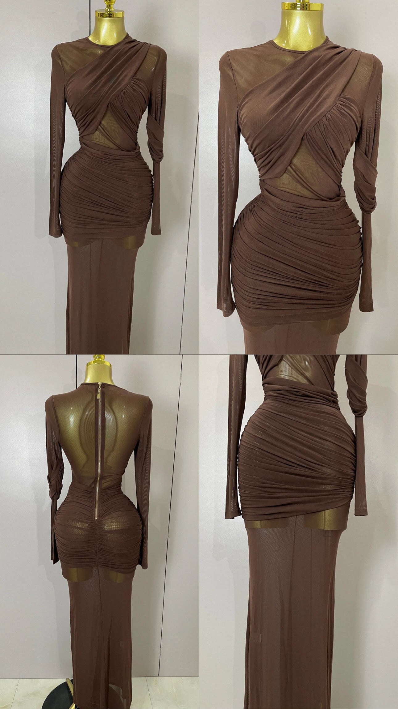 Long Sleeve Mesh Insert Draped Maxi Dress Brown