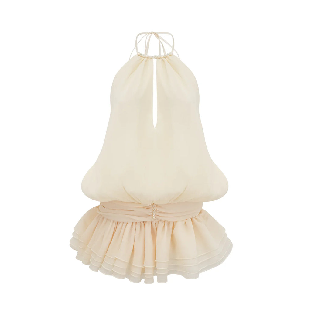 Bérénice White Halterneck Faux-Pearl Mini Dress