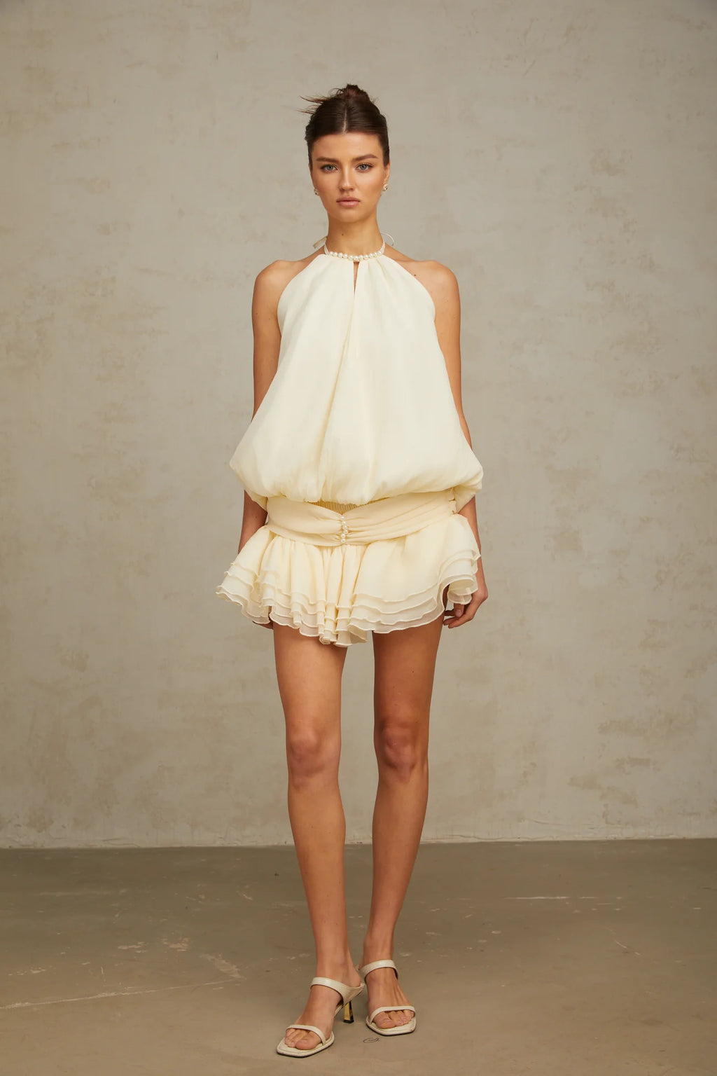 Bérénice White Halterneck Faux-Pearl Mini Dress