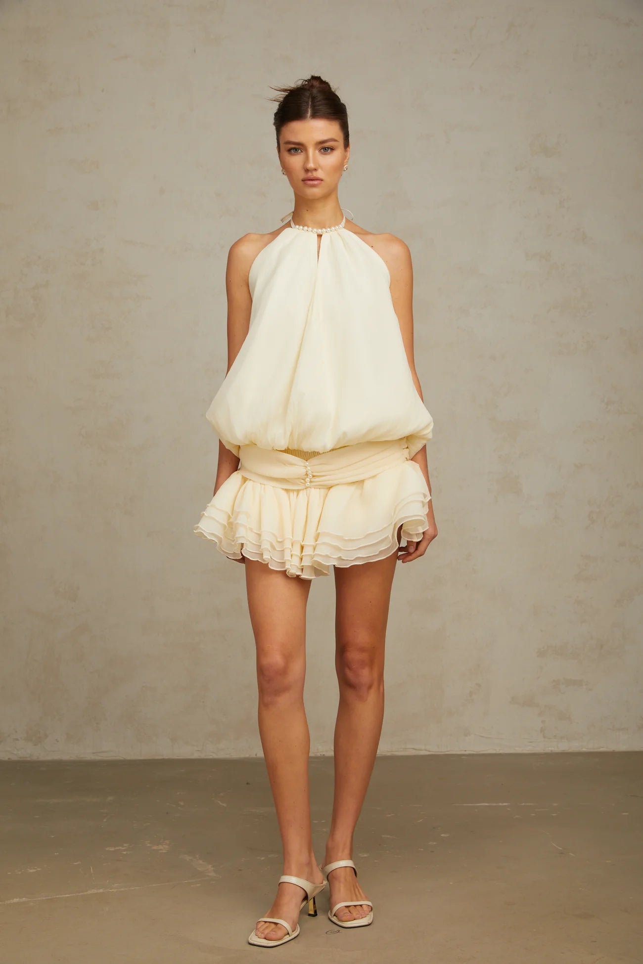 Bérénice White Halterneck Faux-Pearl Mini Dress