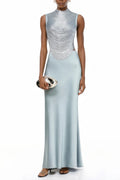 Borbála Blue Fringed Top & Satin Skirt Set