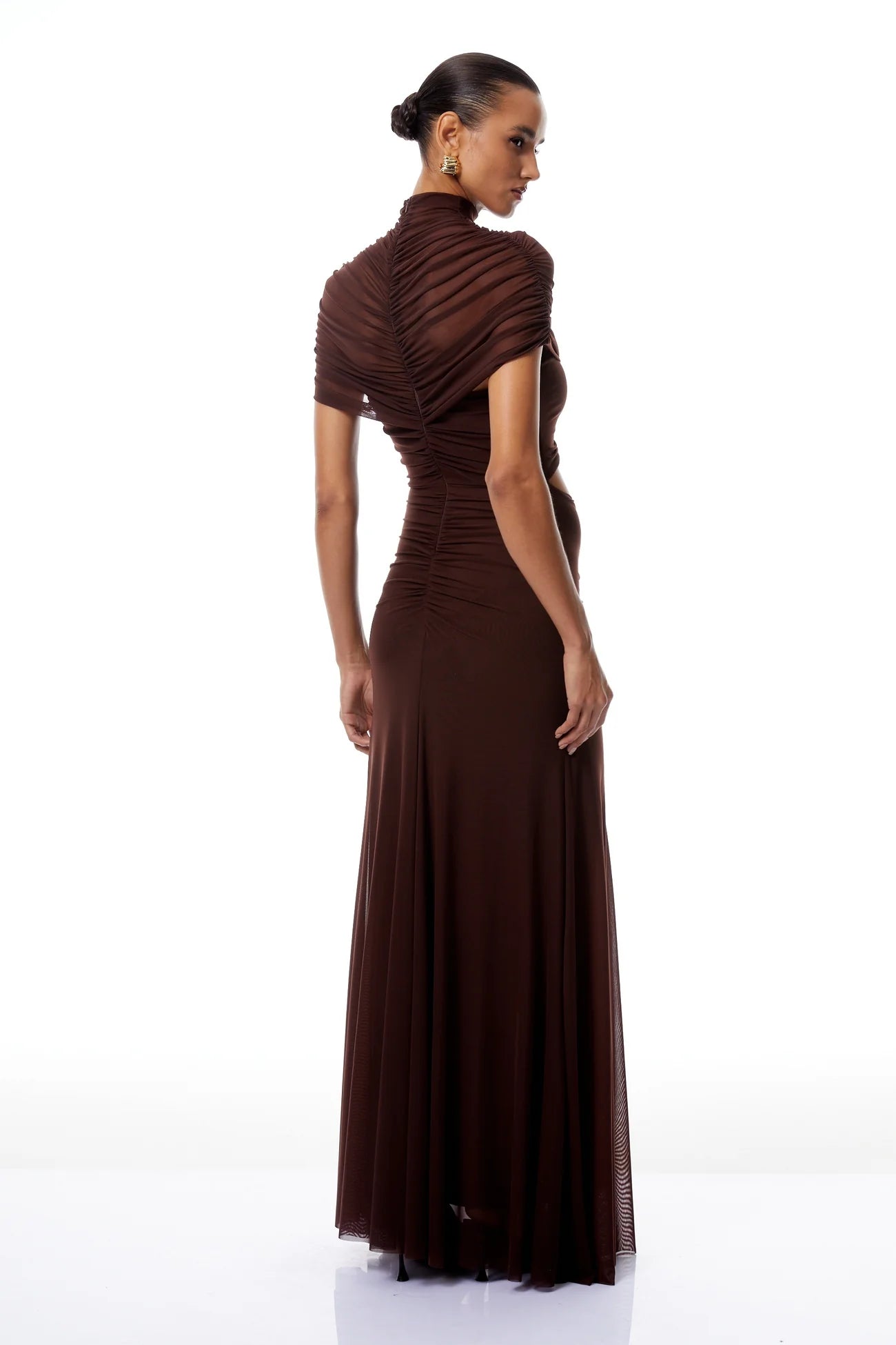 Bruna Cut-Out Ruched Mesh Maxi Dress