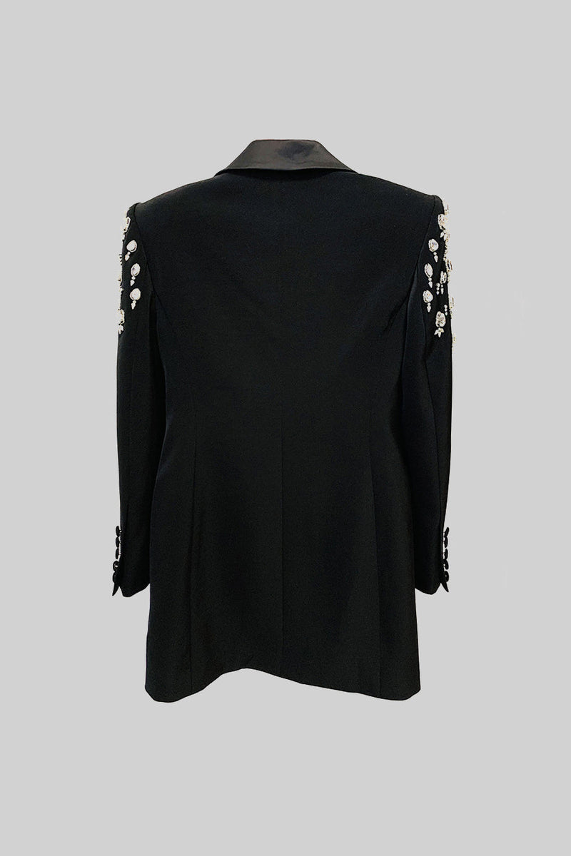 ELEGANT BLAZER WITH DIAMOND EMBELLISHED SHOULDERS - BLACK