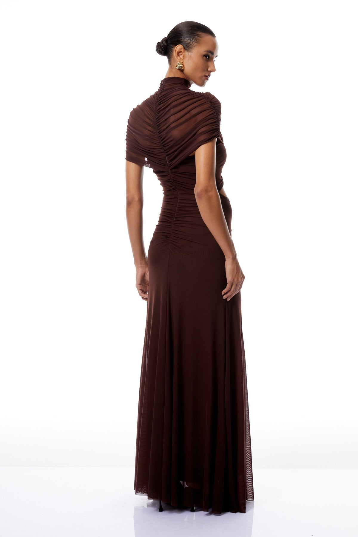 Bruna Cut-Out Ruched Mesh Maxi Dress