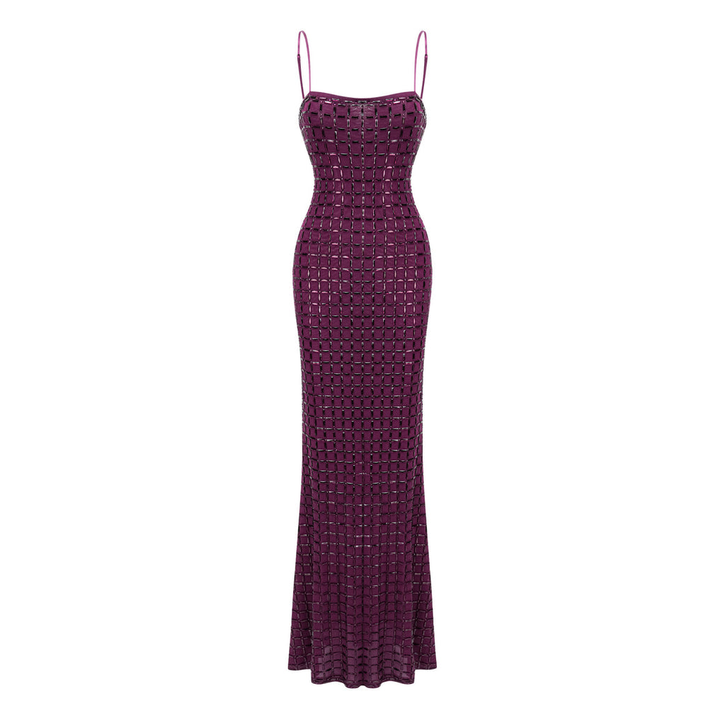 Purple Rhinestone Mesh Maxi Dress