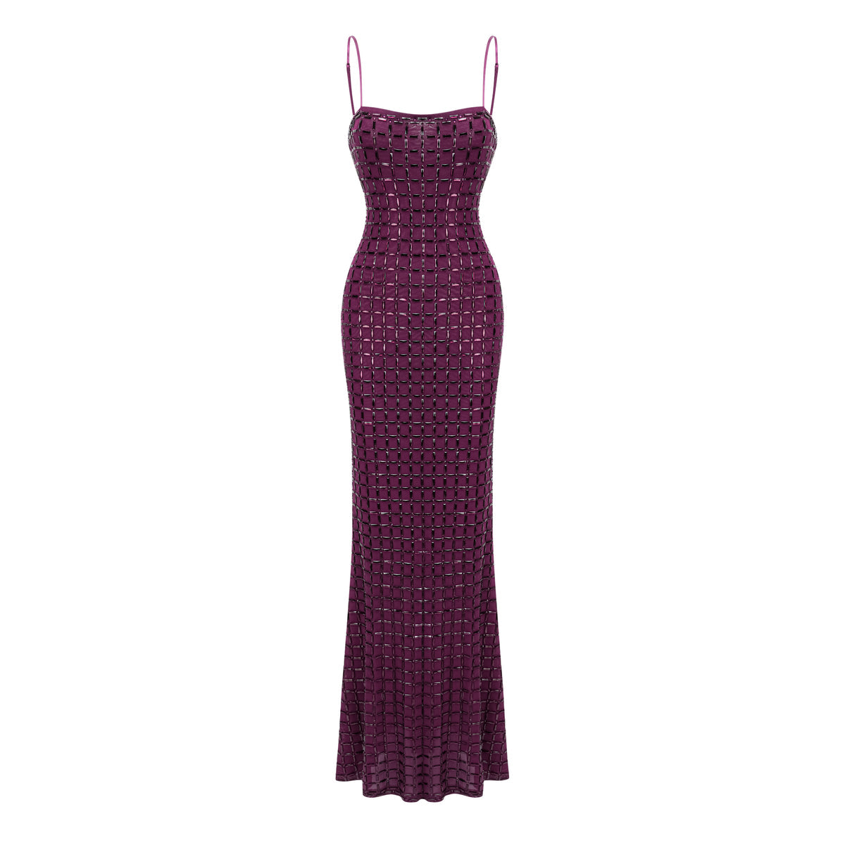 Purple Rhinestone Mesh Maxi Dress