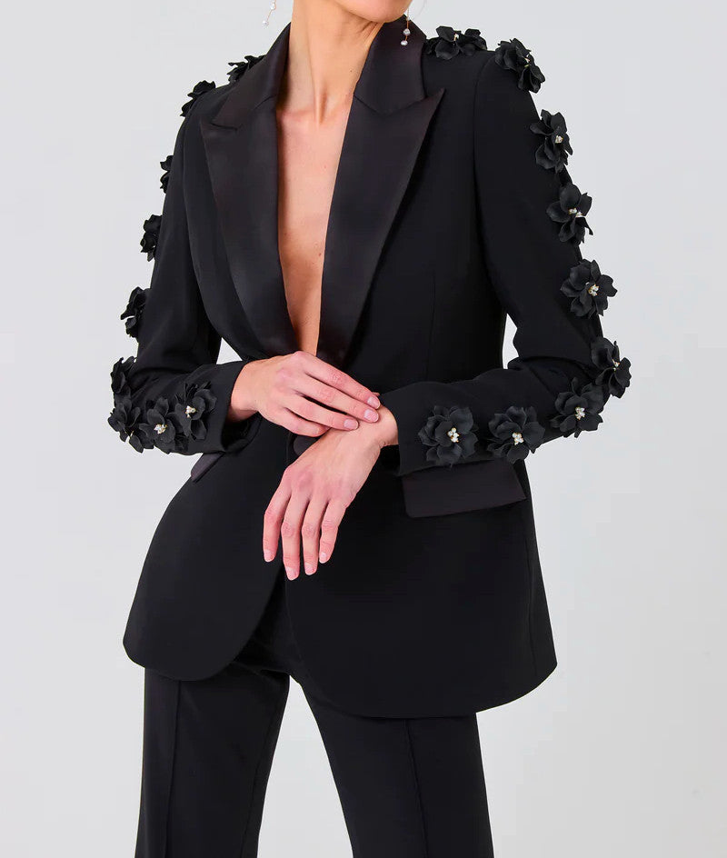 Long Sleeve Floral Detail Suit Black