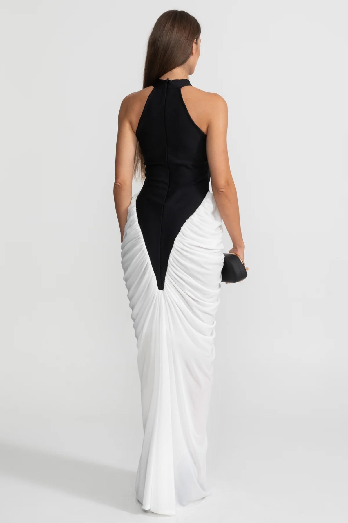 HALTER MAXI DRESS WITH CONTRASTING RUCHED PANELING - BLACK/WHITE