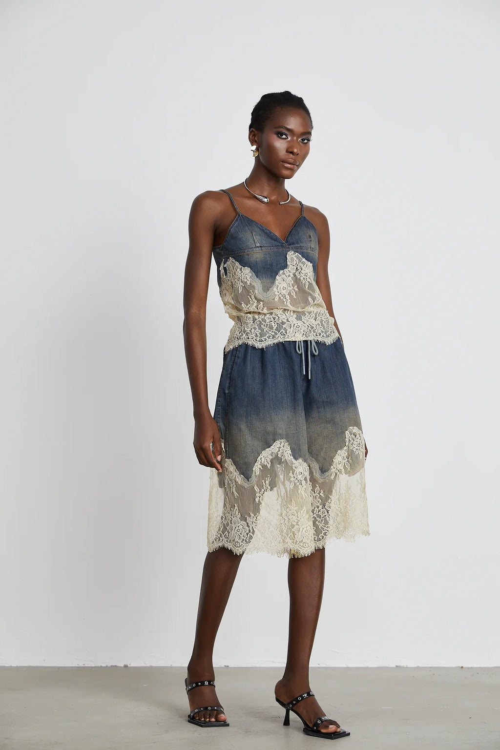 Sylvie lace-detail denim top & shorts matching set
