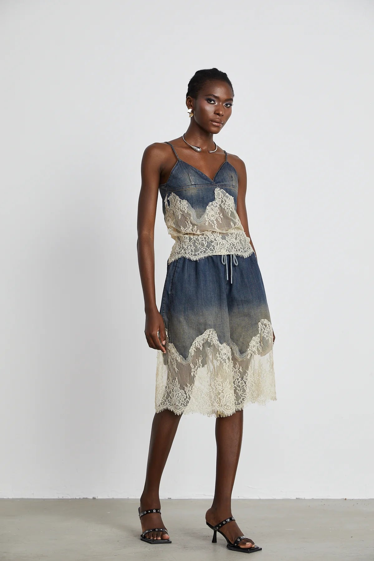 Sylvie lace-detail denim top & shorts matching set