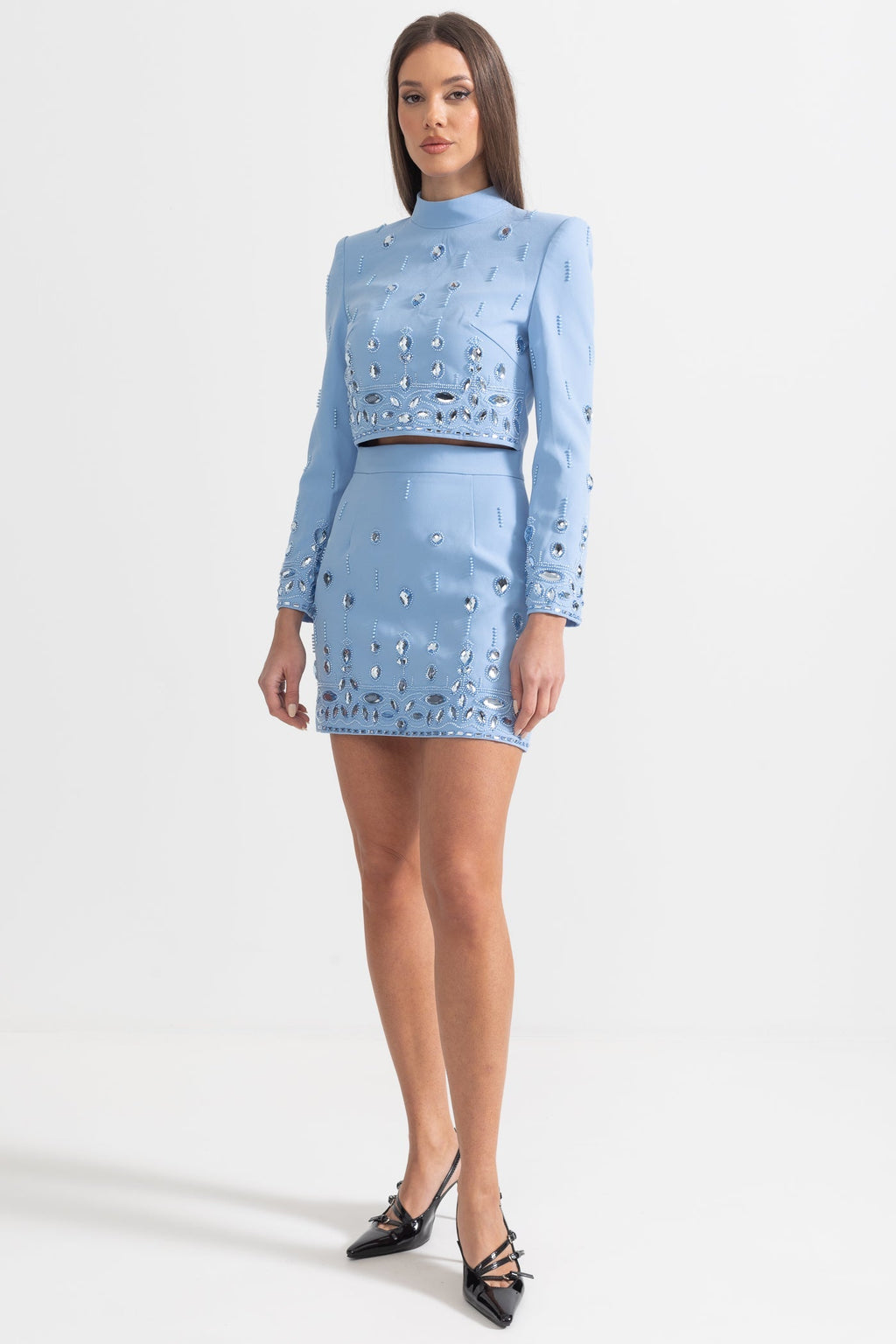 Beaded Biamond Cropped Top And skirt Suit