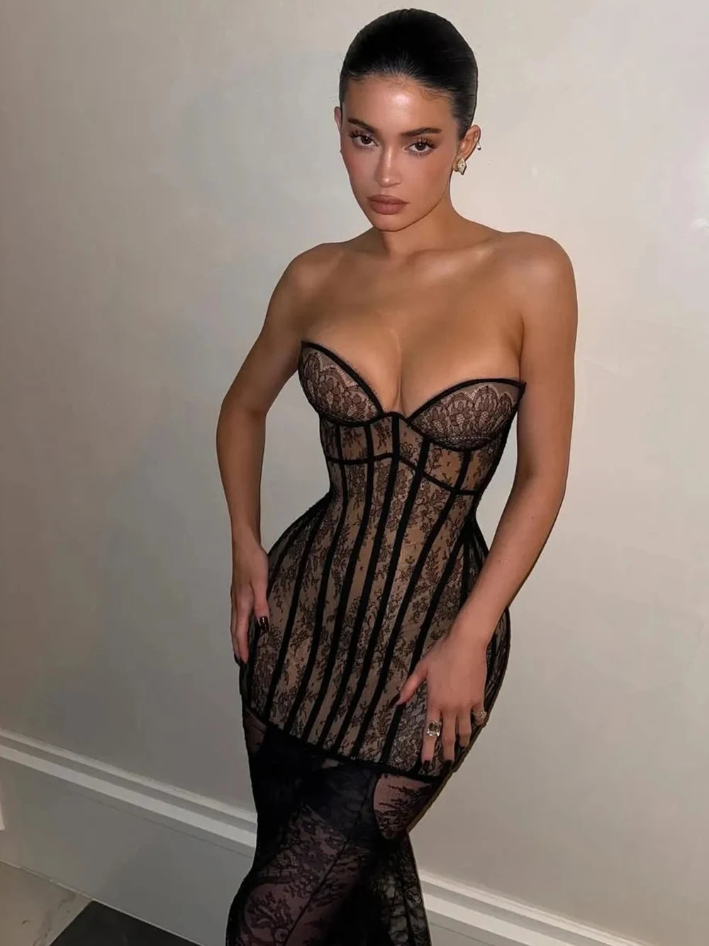 Strapless Lace Insert Maxi Dress Black