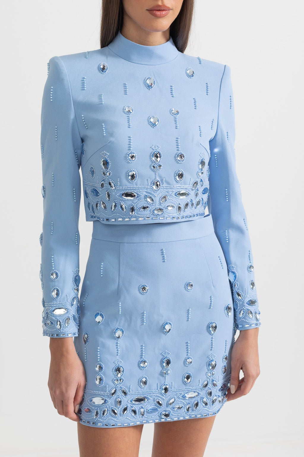 Beaded Biamond Cropped Top And skirt Suit