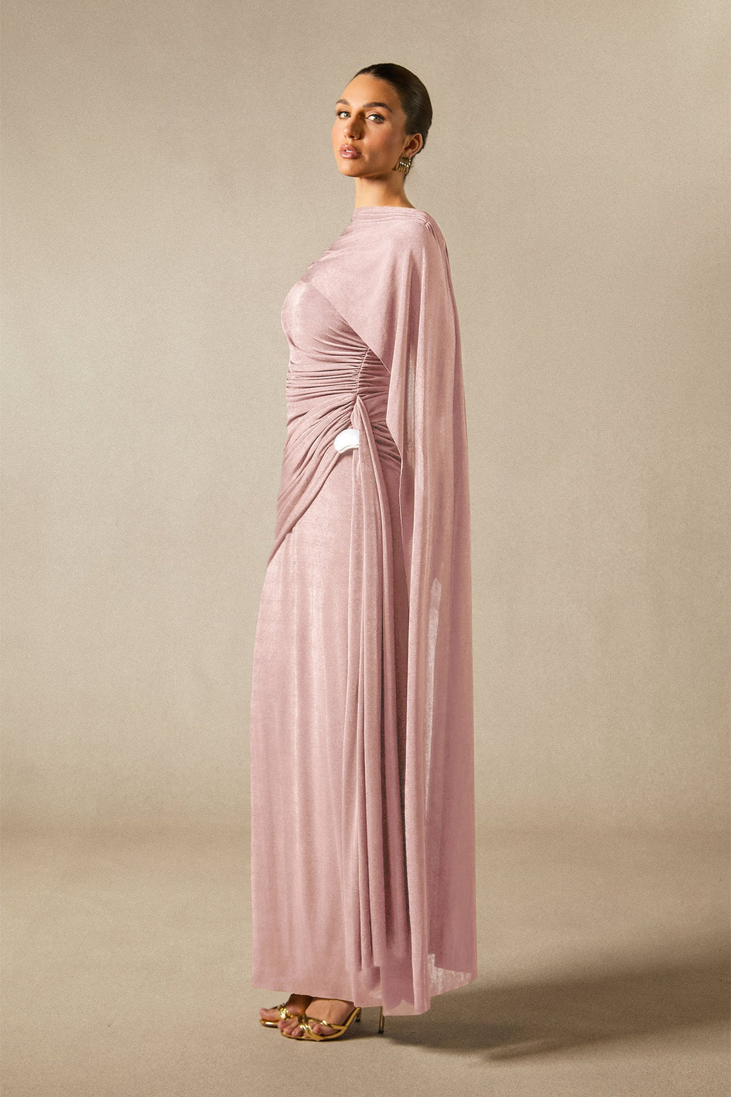 Aubrie One Shoulder Draped Cape Long Dress
