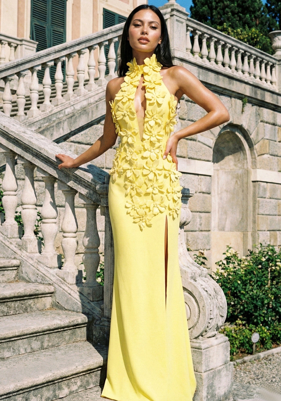 Halter Floral Cut Out Maxi Dress Yellow