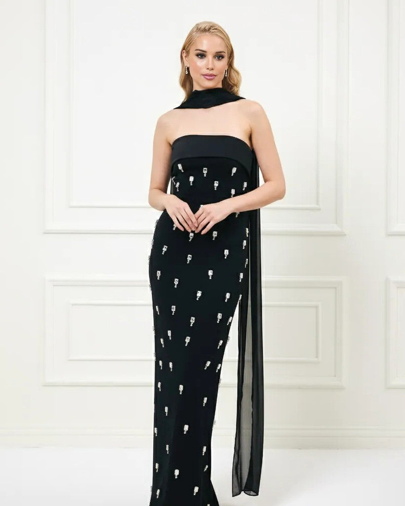 Strapless Crystal Detail Scarf Maxi Dress Black