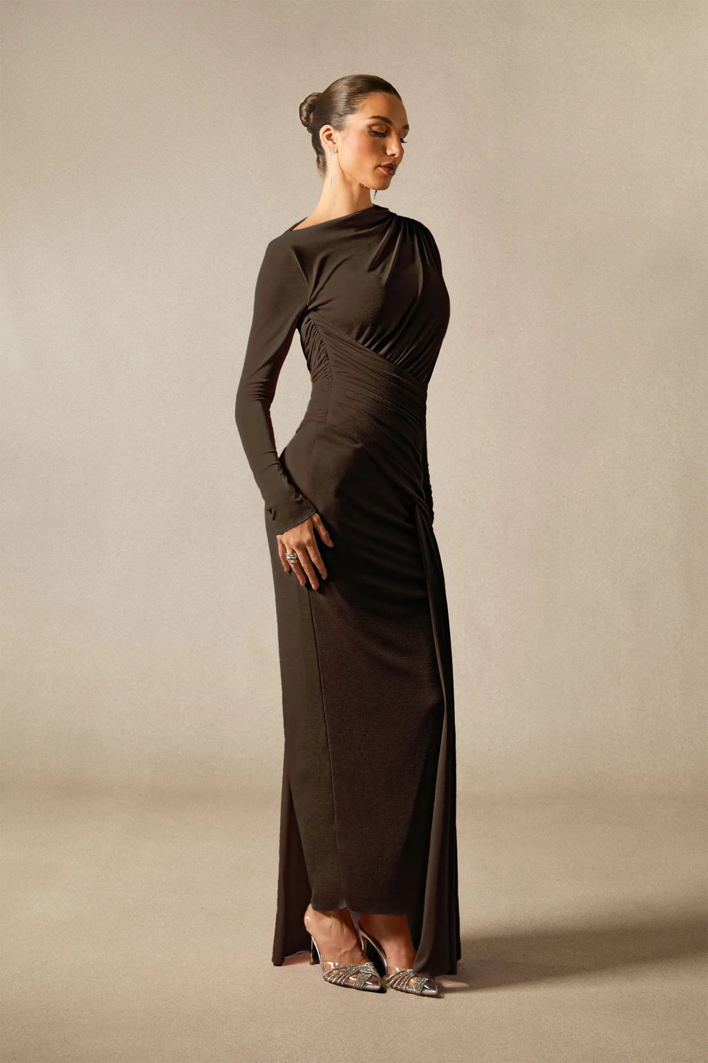 Casey Asymmetric Ruched Bodice Maxi Dress