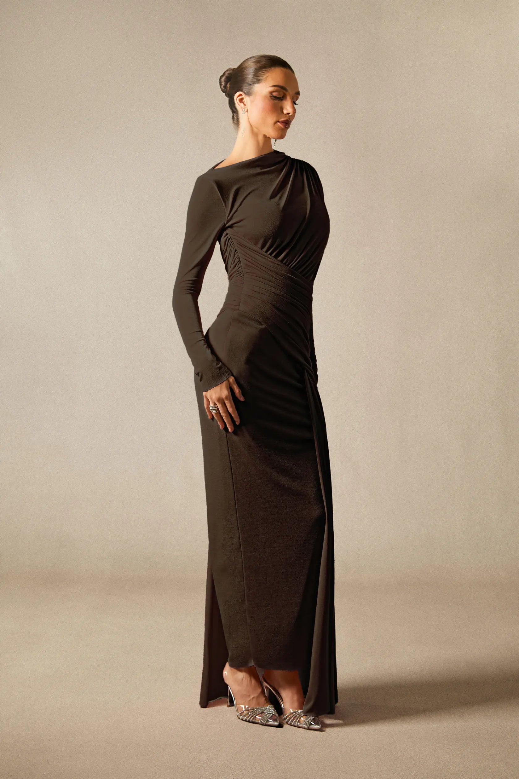 Casey Asymmetric Ruched Bodice Maxi Dress