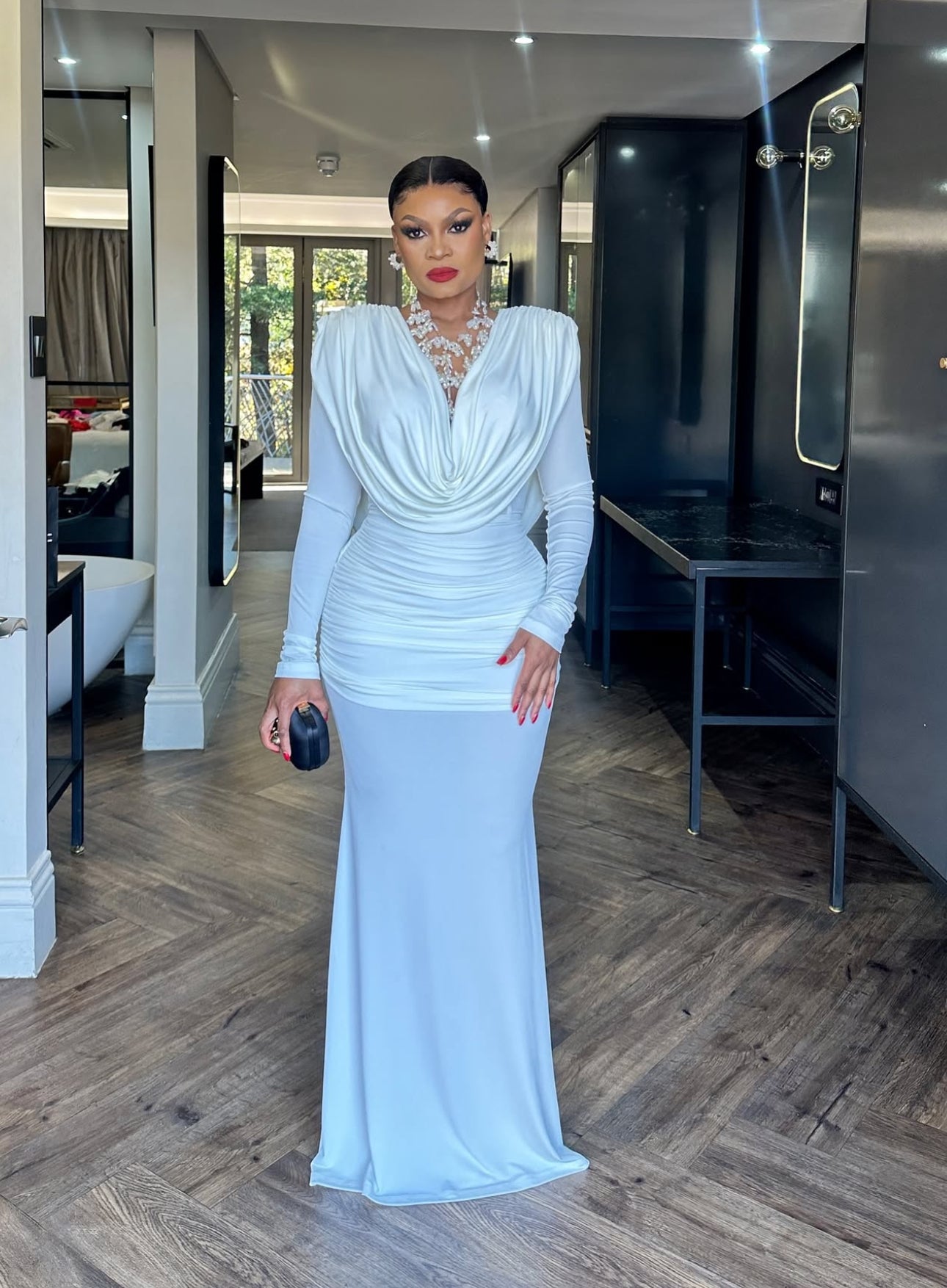 Cowl Neck Long Sleeve Draped Gown