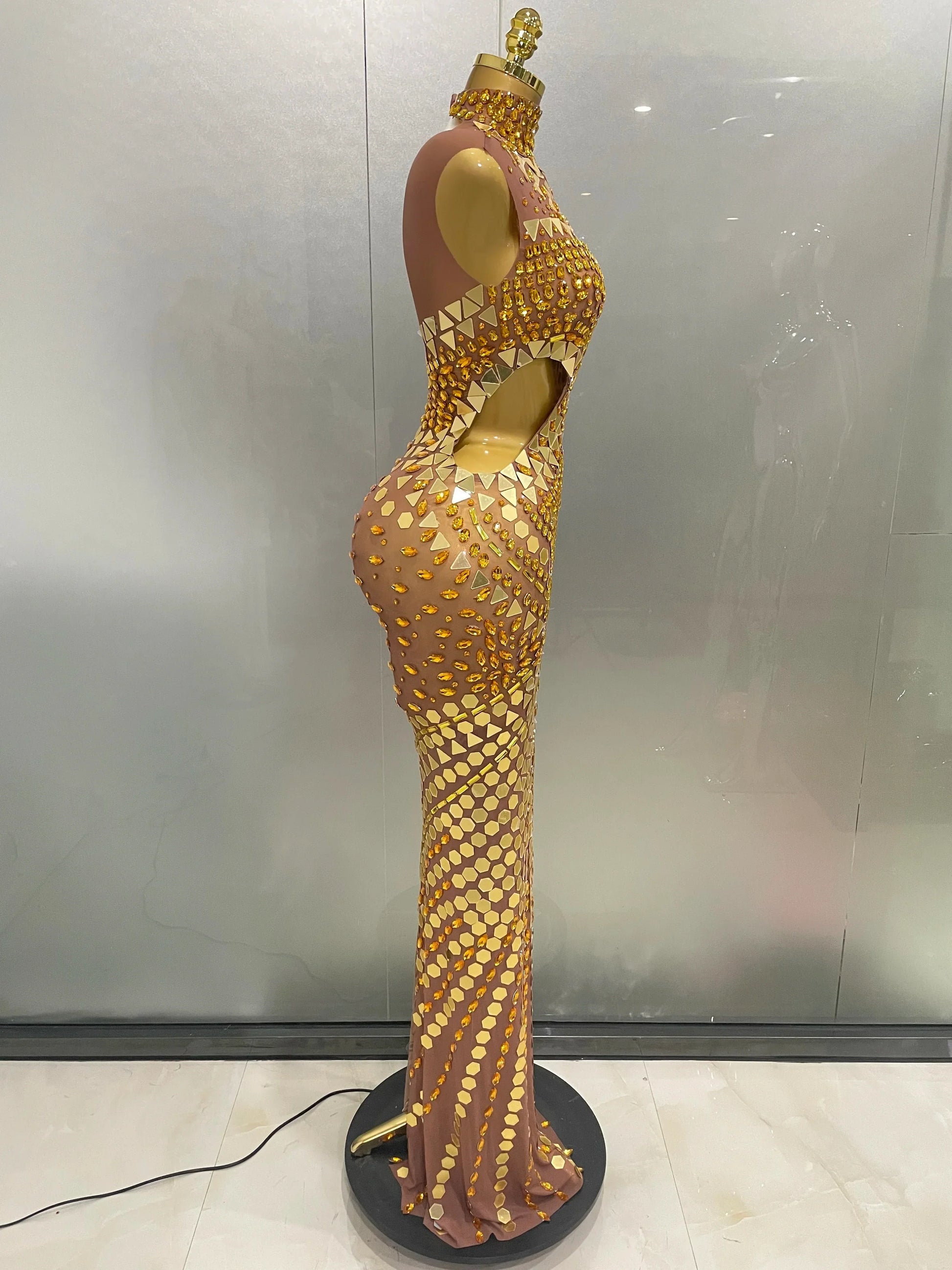 Luxury Shiny Mirror Rhinestones Hollowed-out Long Dress