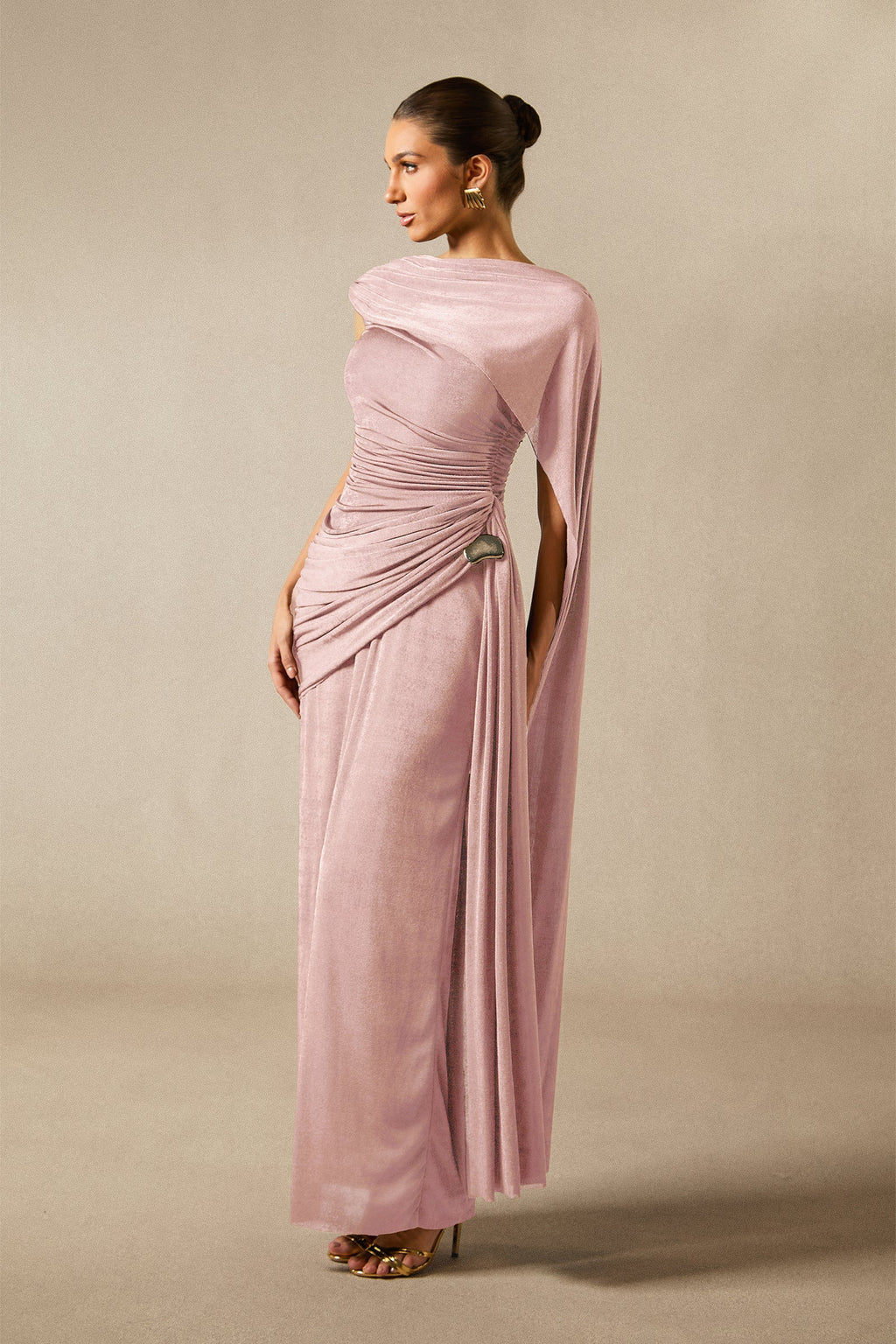 Aubrie One Shoulder Draped Cape Long Dress
