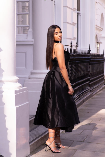 Roxane black pleated flared midi dress