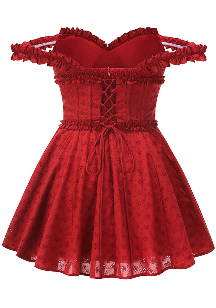 Bardot Broderie Corset A Line Dress Red