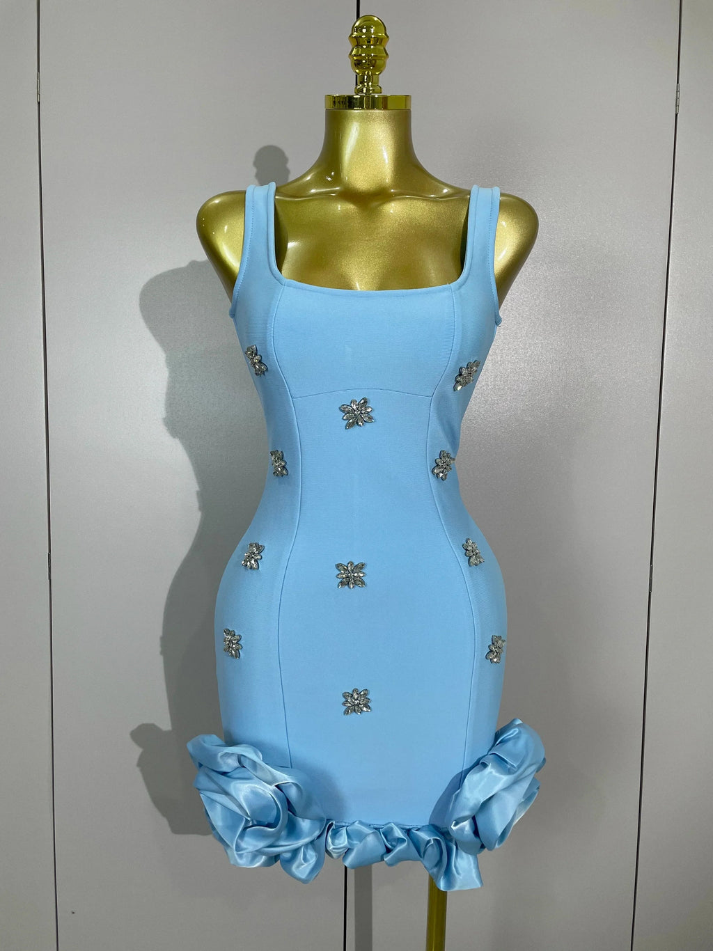 RACHEL RHINESTONE FLOWER BANDAGE MINI DRESS IN BLUE