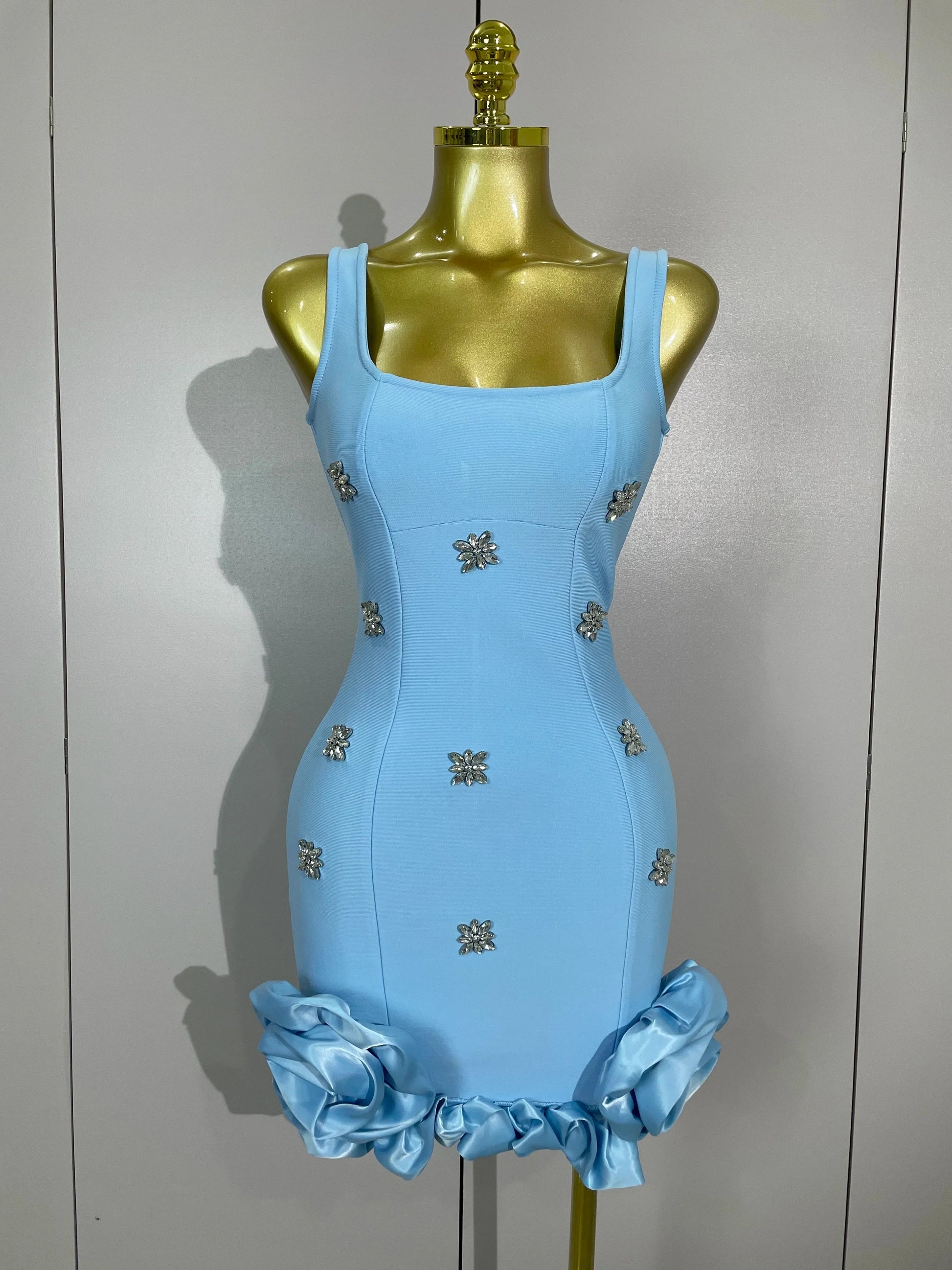 RACHEL RHINESTONE FLOWER BANDAGE MINI DRESS IN BLUE