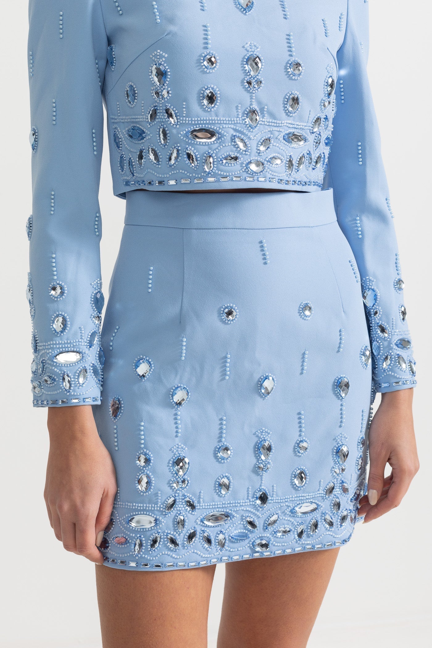 Beaded Biamond Cropped Top And skirt Suit